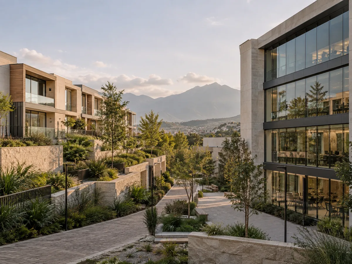 Casas y un edificio de oficinas entre jardines, con cerros al fondo